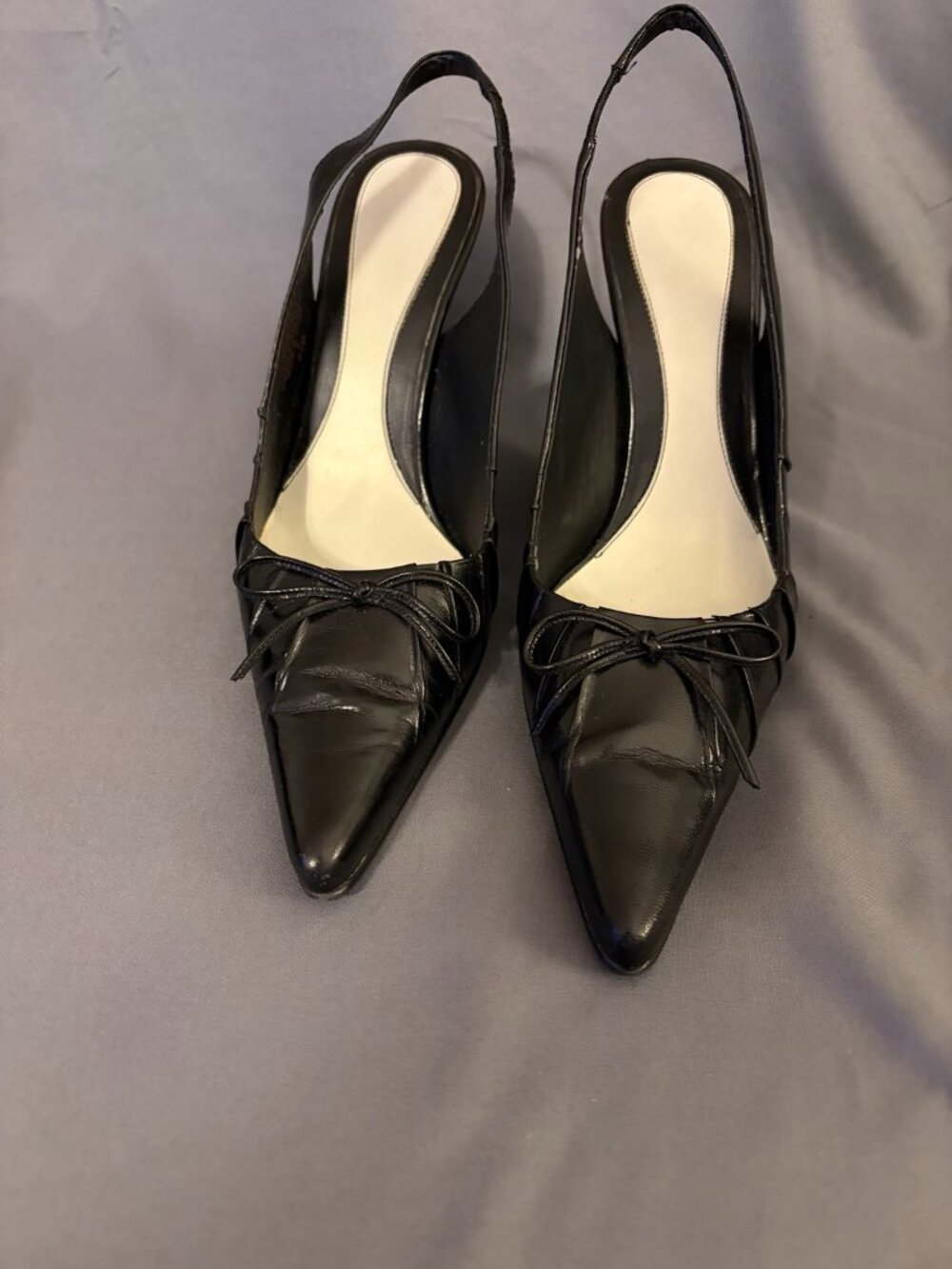 Nine West Black Leather Pointed Toe Slingback Heels Bow Size 6.5M